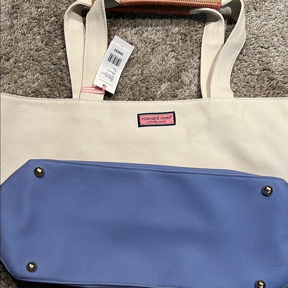 COPY - Vineyard Vines Cream and Blue Canvas Tote